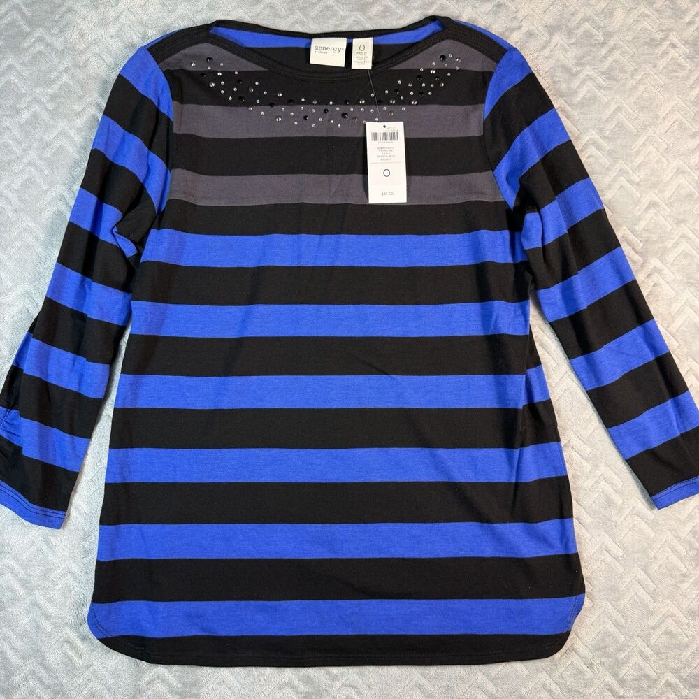 Chico's Zenergy Striped Tee Small (0) Blue Black Embellished 3/4 Sleeve NWT